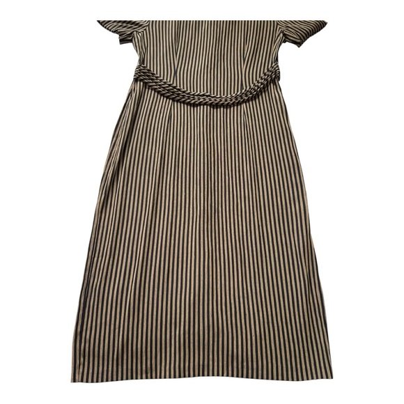 VINTAGE MISS DORBY Striped Fitted Midi Dress | Size M | Navy & Tan | 80s Office - Picture 11 of 16